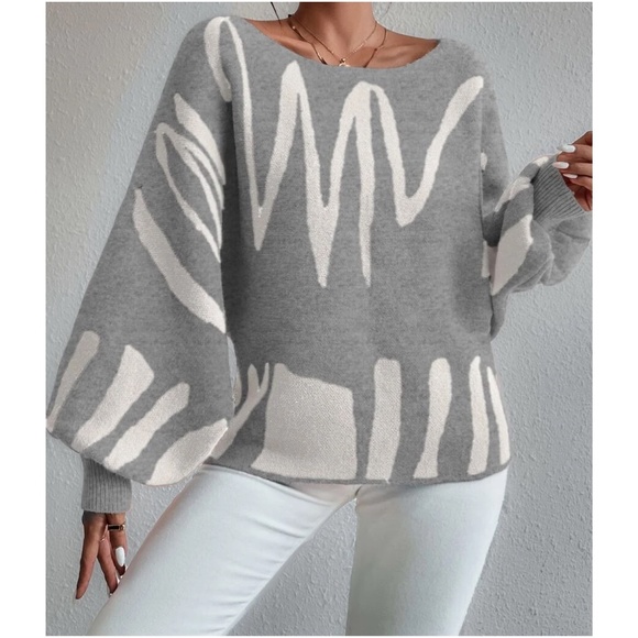Cozy Print Balloon Sleeve Sweater Top - Picture 4 of 10
